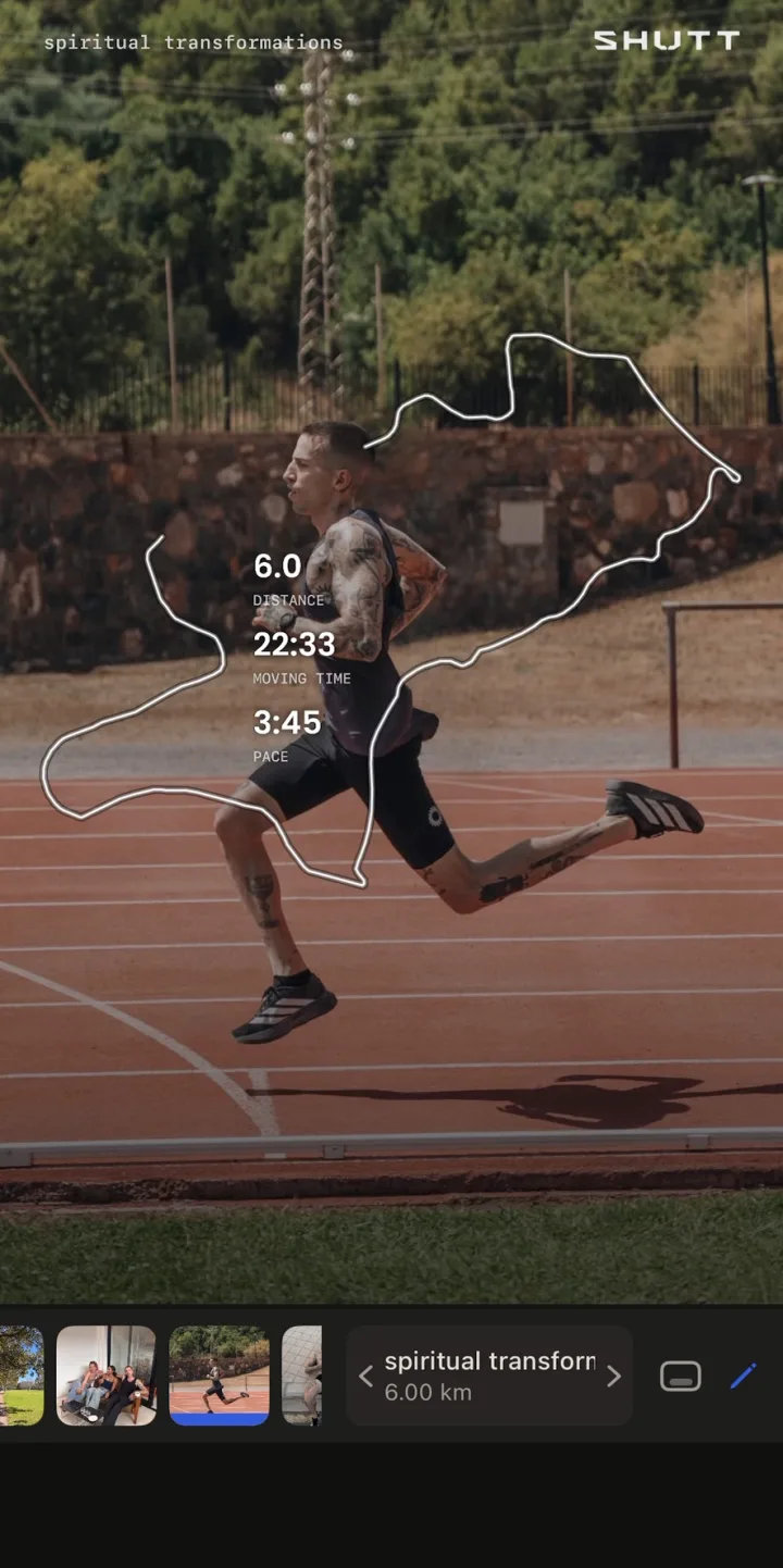 The SHUTT editor with a road route and run stats drawn over a sprinter on a track, with a photo strip and the run name at the bottom