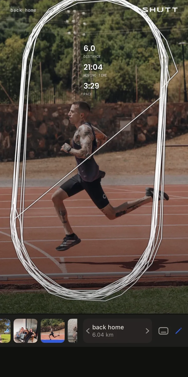 The SHUTT editor with a track run drawn as a white oval over a sprinter, with distance, time and pace, and a photo strip and the run name at the bottom