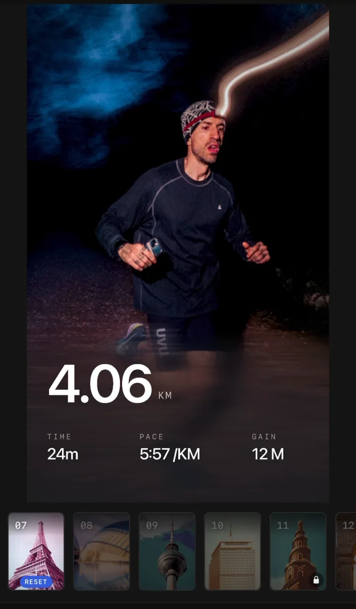 Night-run photo with a large distance figure in the lower left and time, pace and gain in a row below it