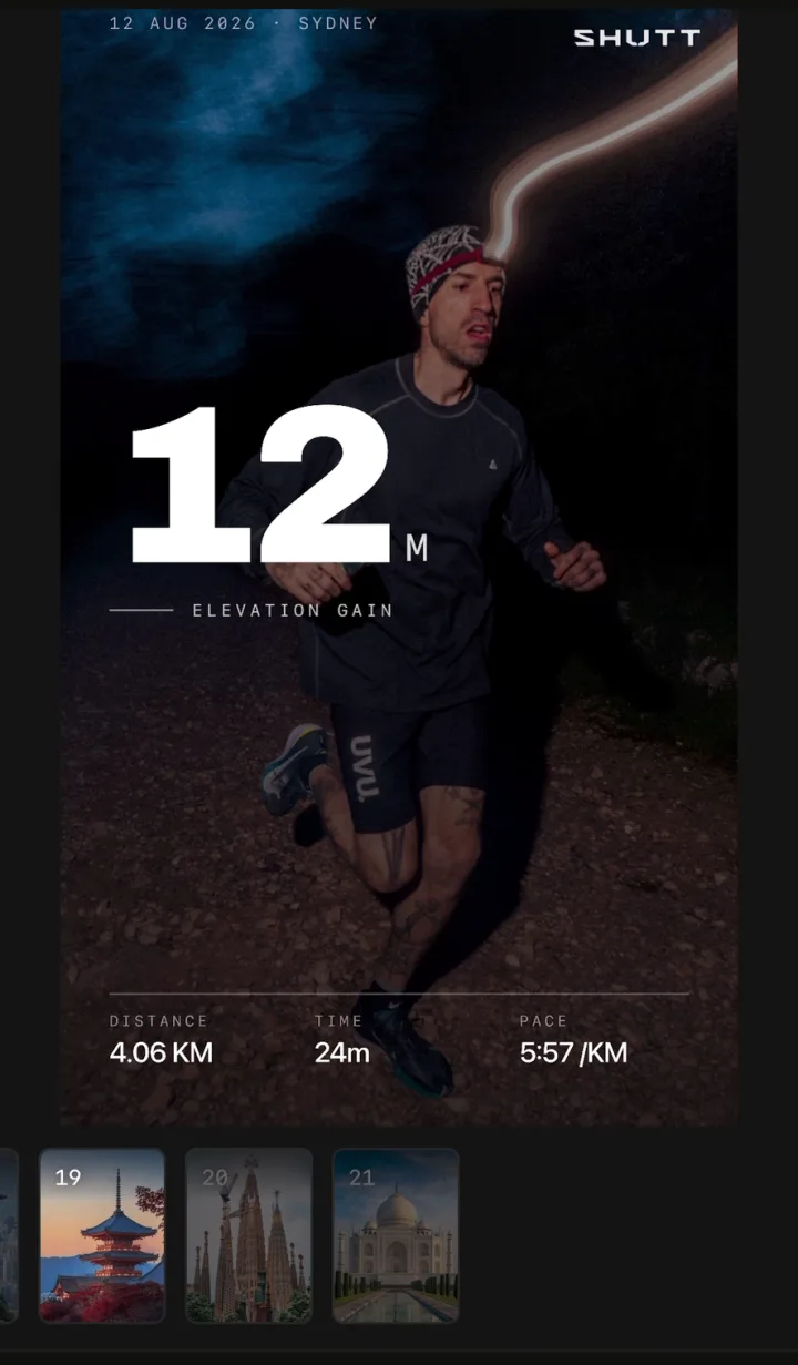 Night-run photo with a very large elevation gain figure, the date and place at the top and distance, time and pace along the bottom
