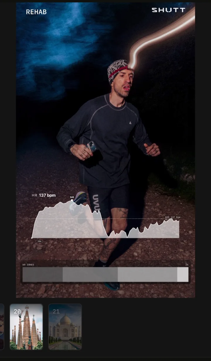 Night-run photo with a heart-rate line chart and a heart-rate zones bar under the activity title Rehab
