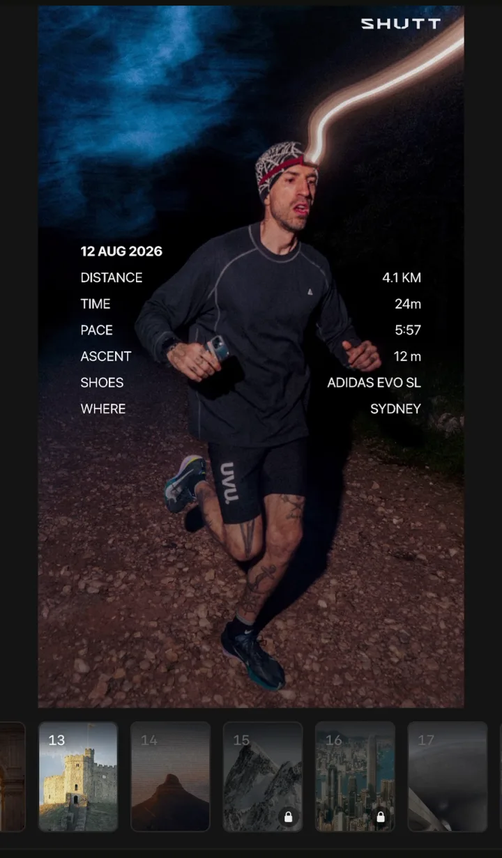 Night-run photo with a spec sheet listing the date, distance, time, pace, ascent, shoes and place