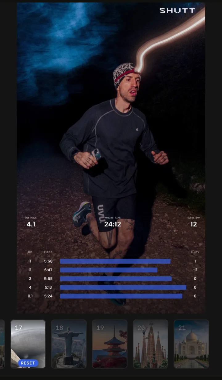 Night-run photo with distance, moving time and elevation across the top and a blue horizontal bar for each kilometre split