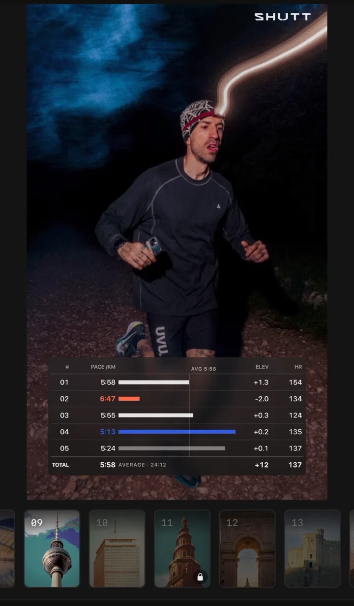 Night-run photo with a per-kilometre splits table showing pace bars, the slowest split in red and the fastest in blue, elevation and heart rate columns