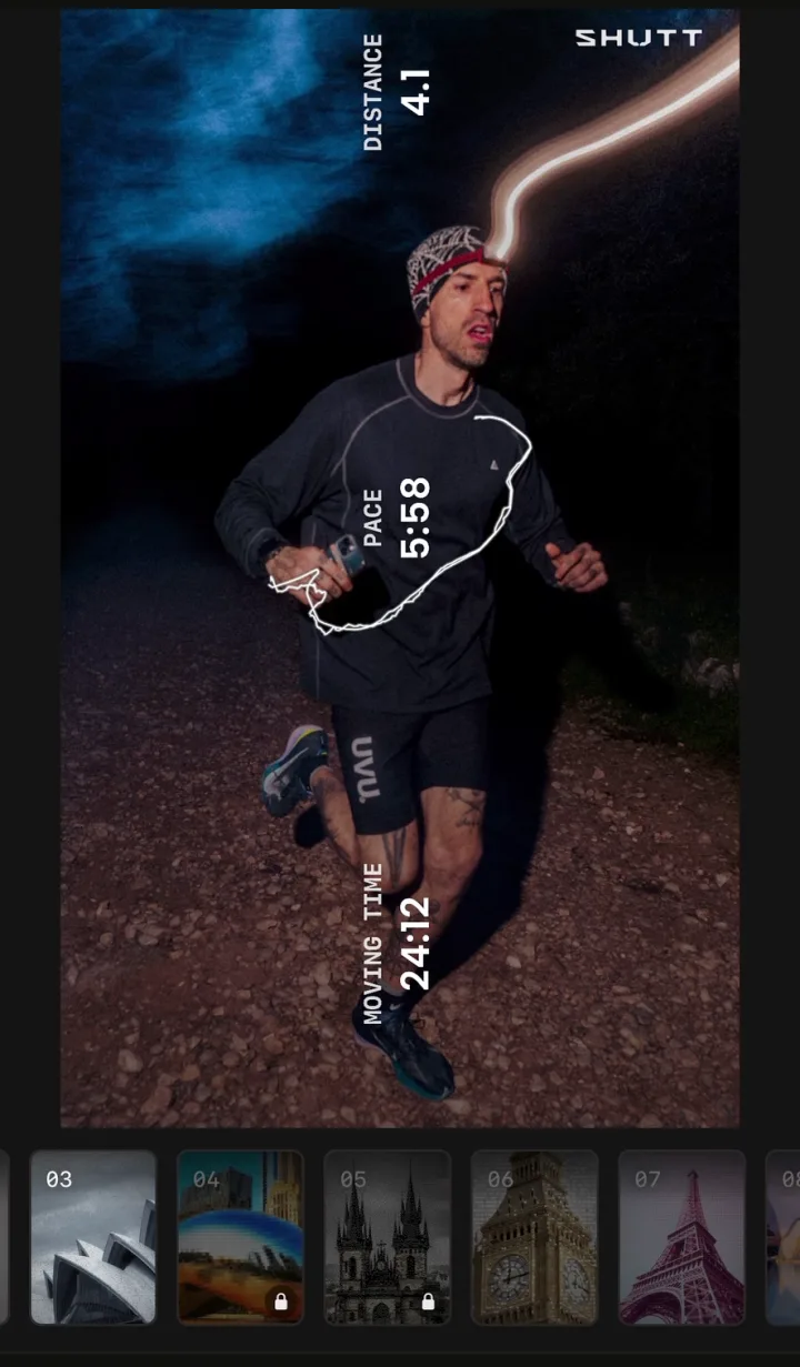 Night-run photo with the route drawn as a white line over the runner and distance, pace and moving time set vertically