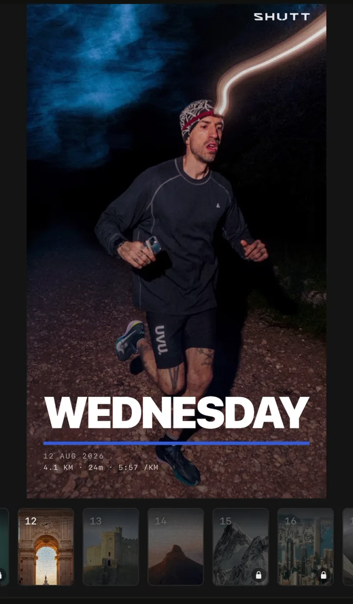 Night-run photo with the word Wednesday in heavy type over a blue rule, and the date and run stats in small type below