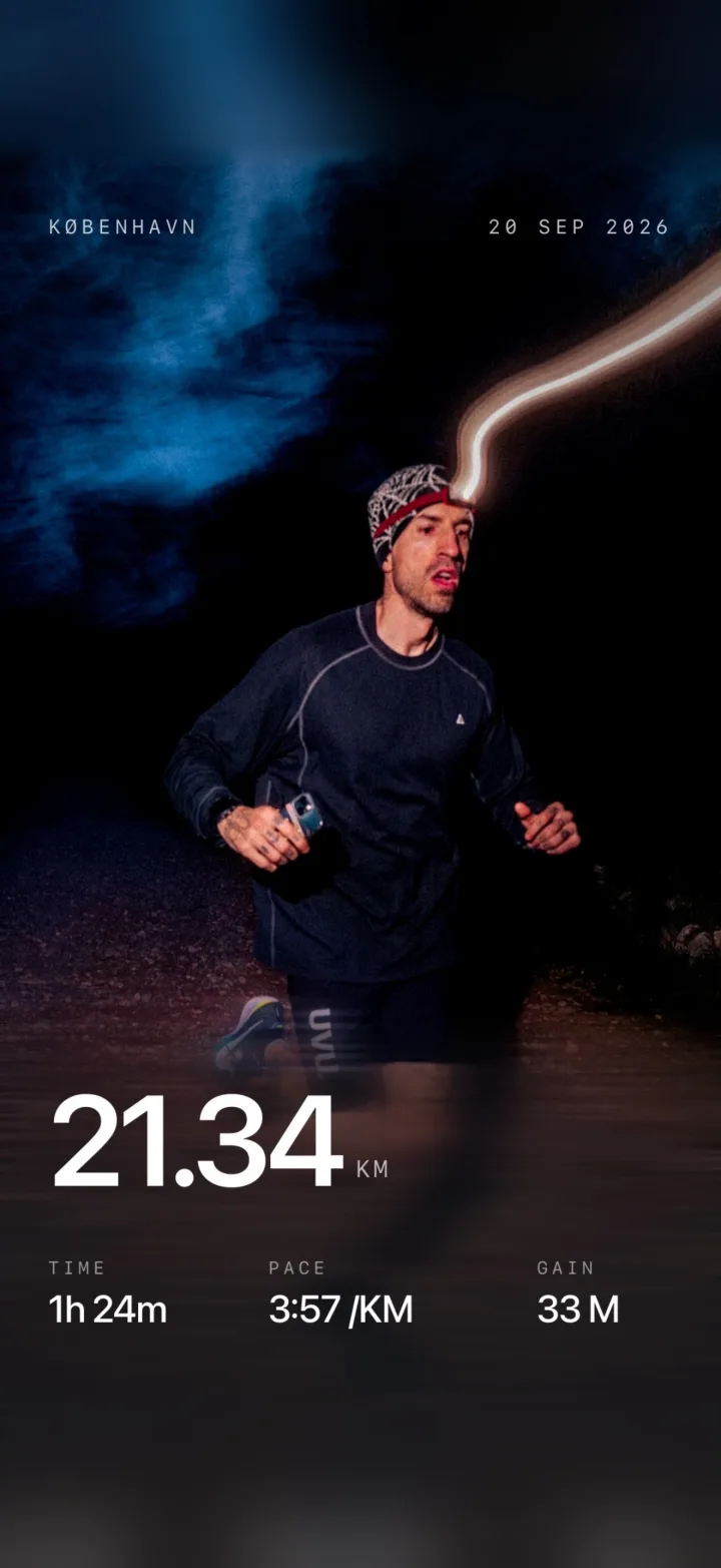 A night runner with a headlamp, the city and date across the top and a large distance figure with time, pace and gain below