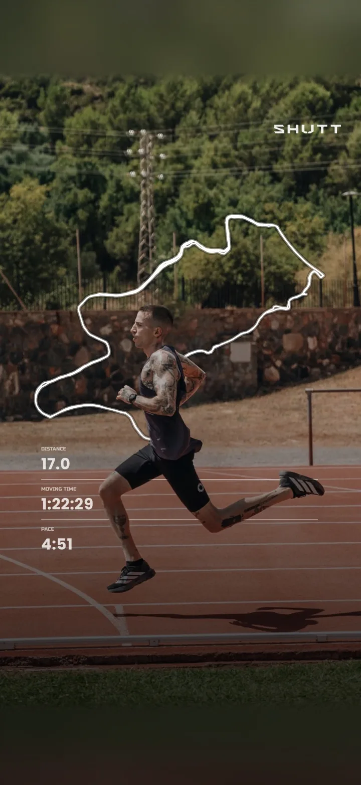 A sprinter on a track with a 17 km route and distance, moving time and pace drawn over the photo