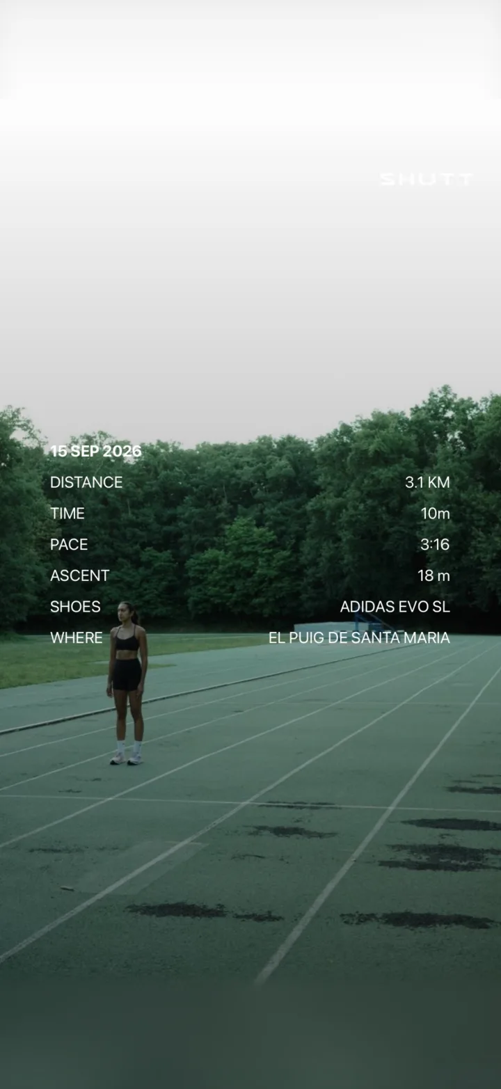 A runner standing on an overcast track with a spec sheet of date, distance, time, pace, ascent, shoes and place